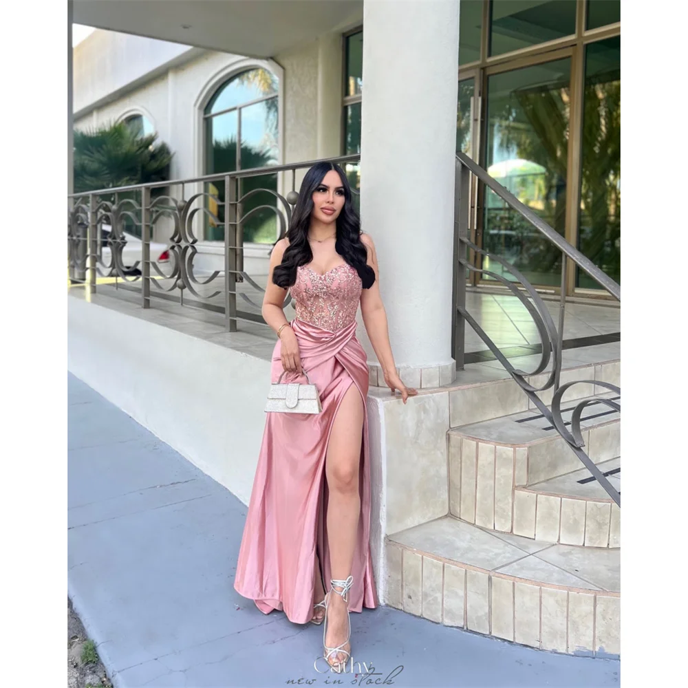 

Cathy Customized Pink Strapless Sequinned Appliques Prom Dress Side High Split vestidos de noiva Sleeveless Evening Dresses 2025