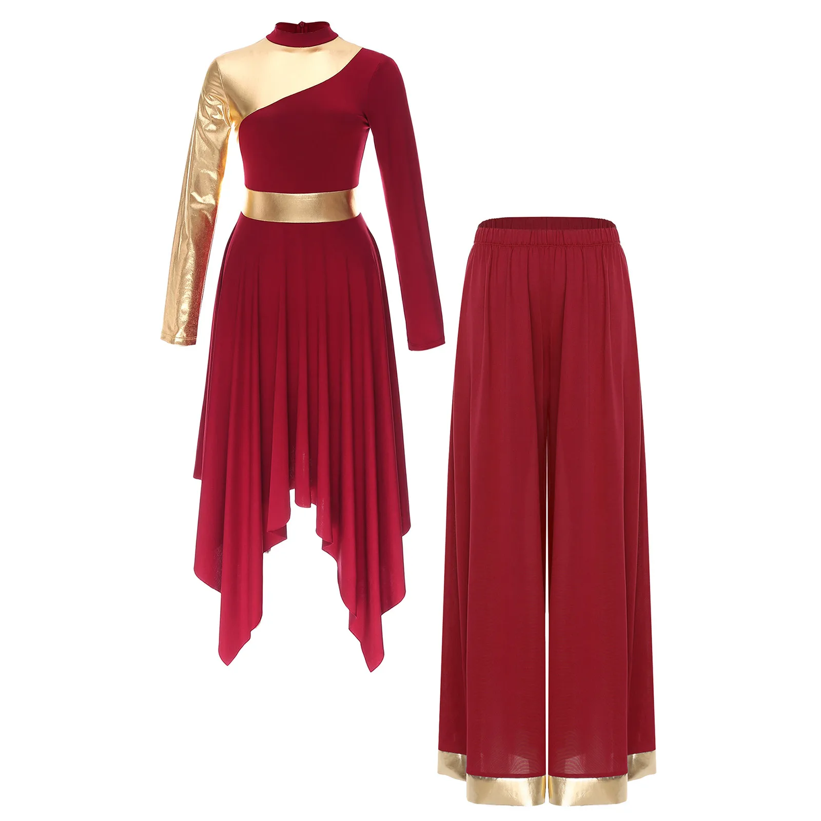 Womens Liturgical Lyrical Dress Worship Praise Dance Costume Outfit Long Sleeve Dress with Wide Leg Pants Chior Church Dancewear