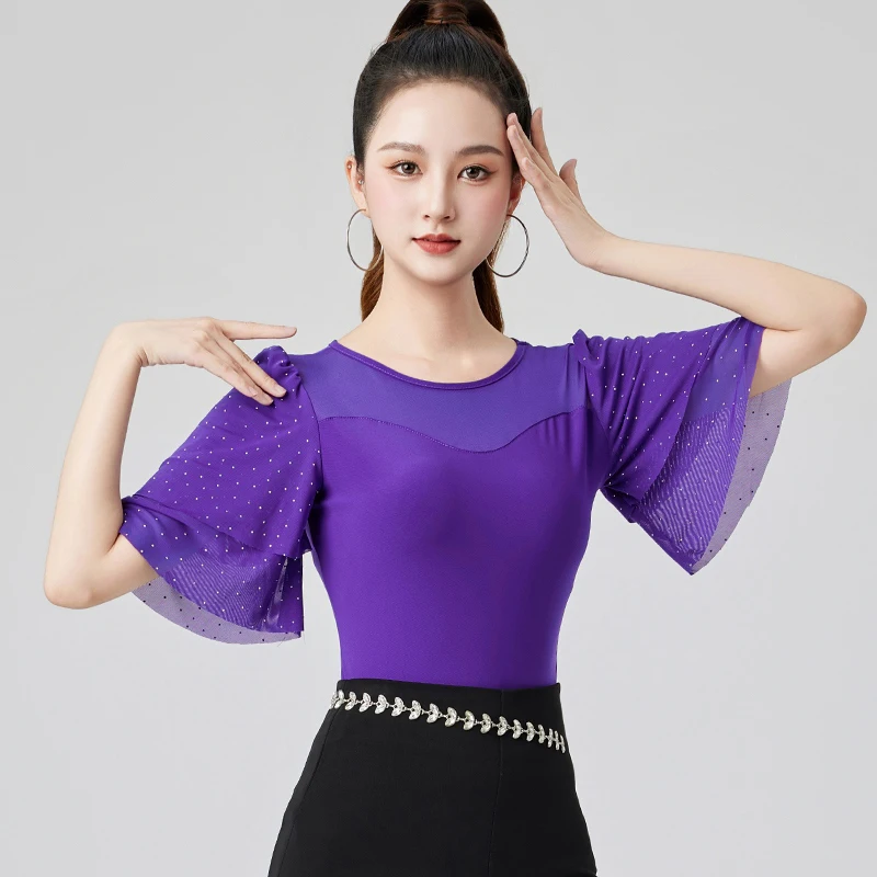 

New Black Women's Latin Dance Performance Tops Purple Adult Social Dance Practice Clothing Line Dance Competition Wear XH466