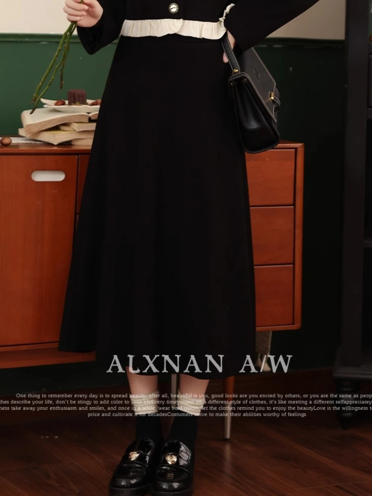 กระโปรงยาวไซส์ใหญ่ ALXNAN คุณภาพสูง ผ้าลูกฟูก กันยับ เอวสูง ทรงเอ กระโปรงหรูหรา รุ่น DM00811BQ1