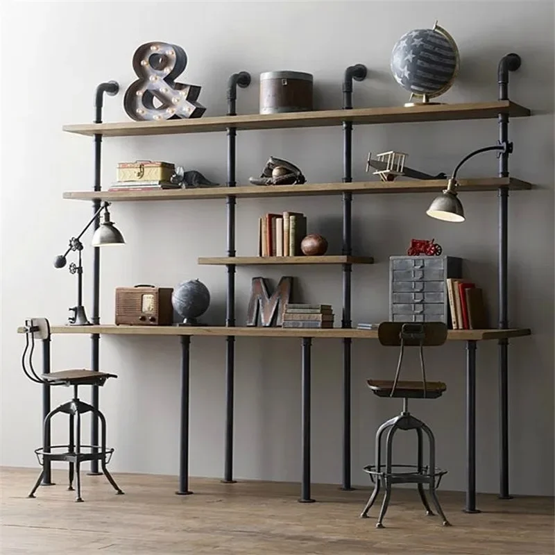 

Water pipe bookshelf creative baffle shelf, wrought iron solid wood bookcase desk bookshelf combination household