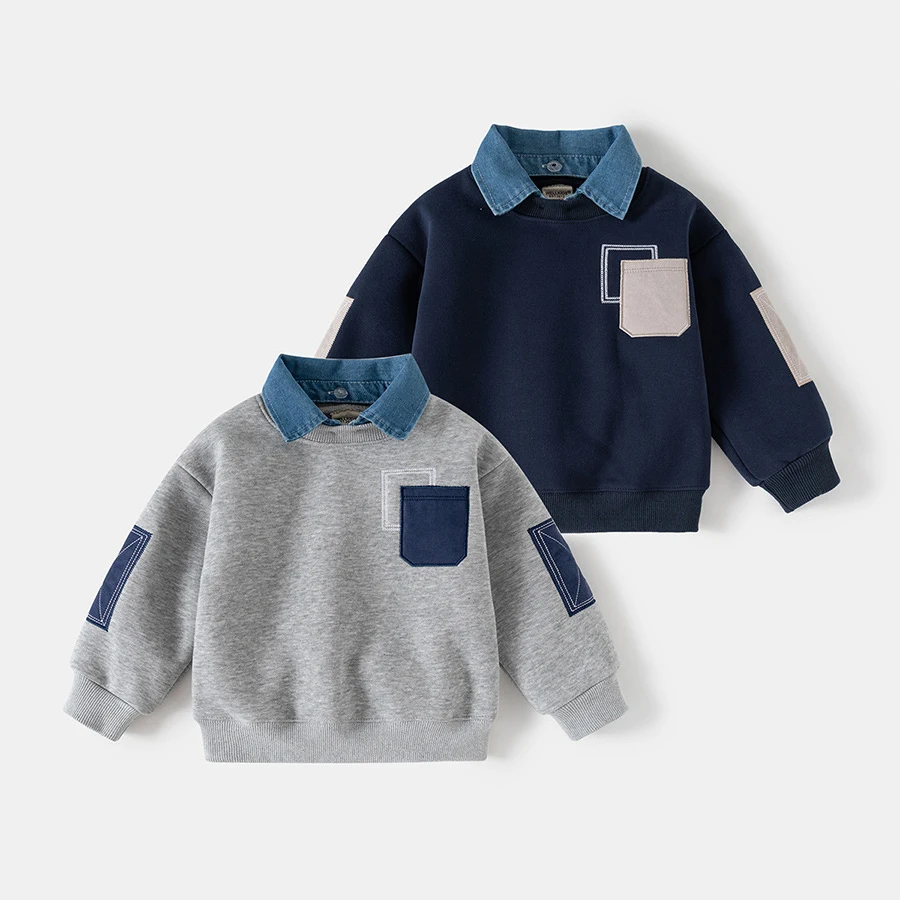 Spring Children Clothes Sweatshirt for Boys Denim Collar Fleece Pullover with Patch Pocket Casual Kids Top Long Sleeve T-shirt
