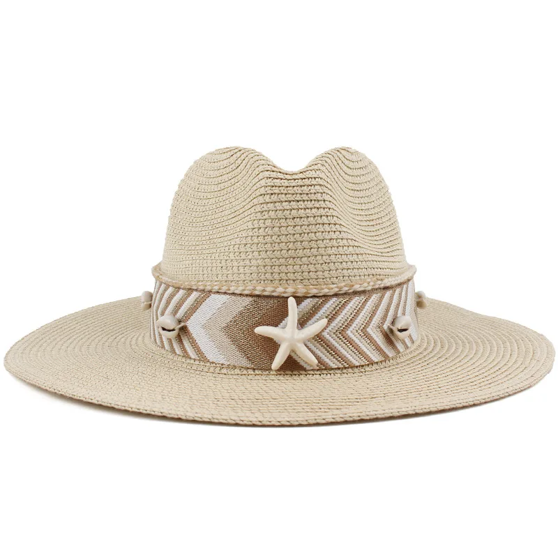

New Women's Beach Vacation Style Straw Hat With Starfish And Shell Decorations, Panama Sun Hat