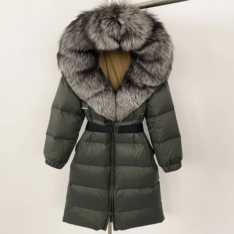 2025 nuevo abrigo de plumón de pato blanco cálido y grueso Natural 90% chaqueta larga de invierno para mujer Parka acolchada holgada con cinturón y cuello de piel de zorro grande Real