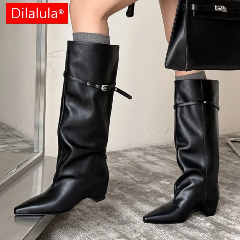 

Dilalula 2025 Fashion Real Leather Women Knee High Boots Pointy Toe High Thick Heels Belt Buckle Slip On Street High Boots Lady