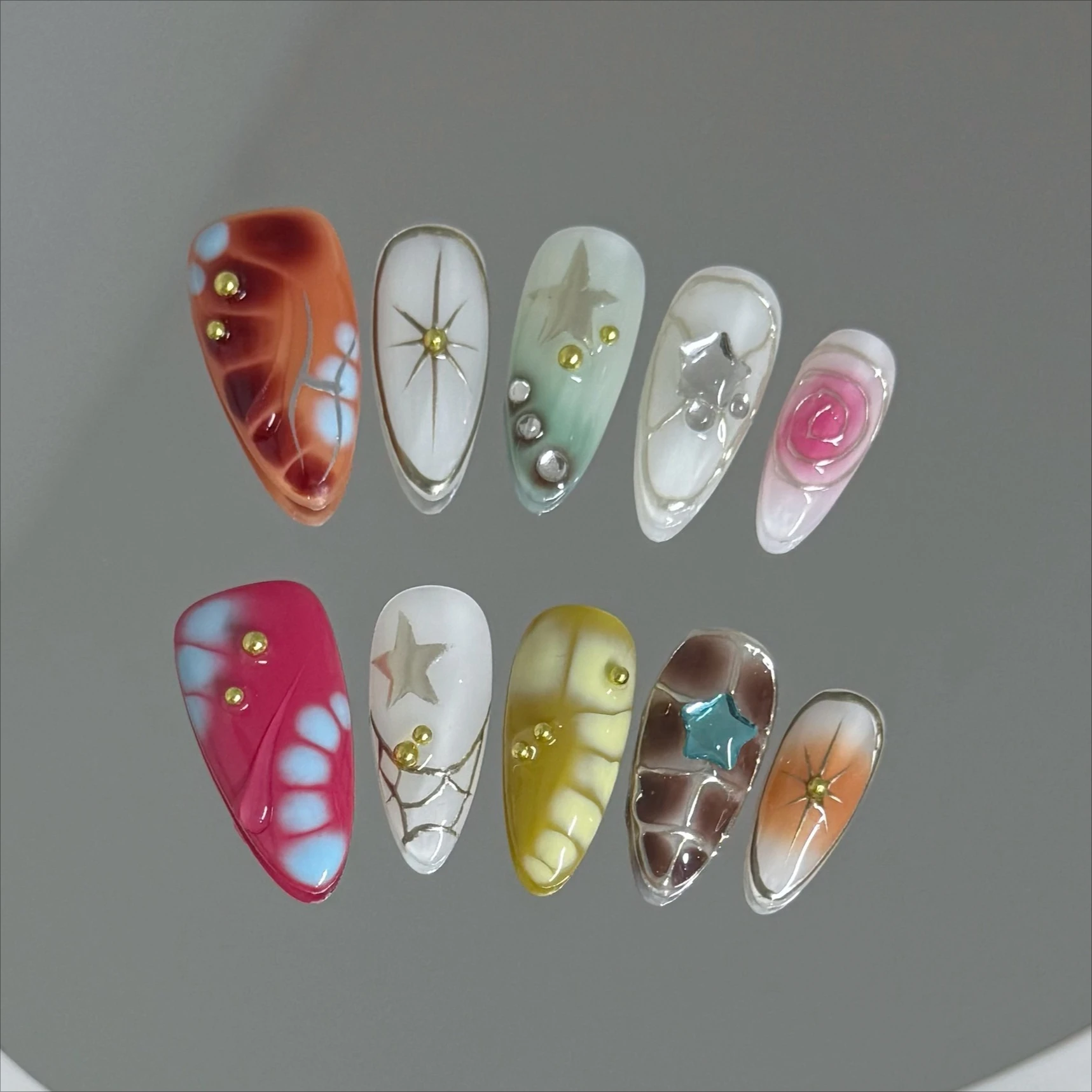 

10PCS Handmade Press on Nails Sweet and Dreamy Dopamine Colored Hand Drawn 3D Lines Fake Nails Stars Diamonds Nail Art Patches