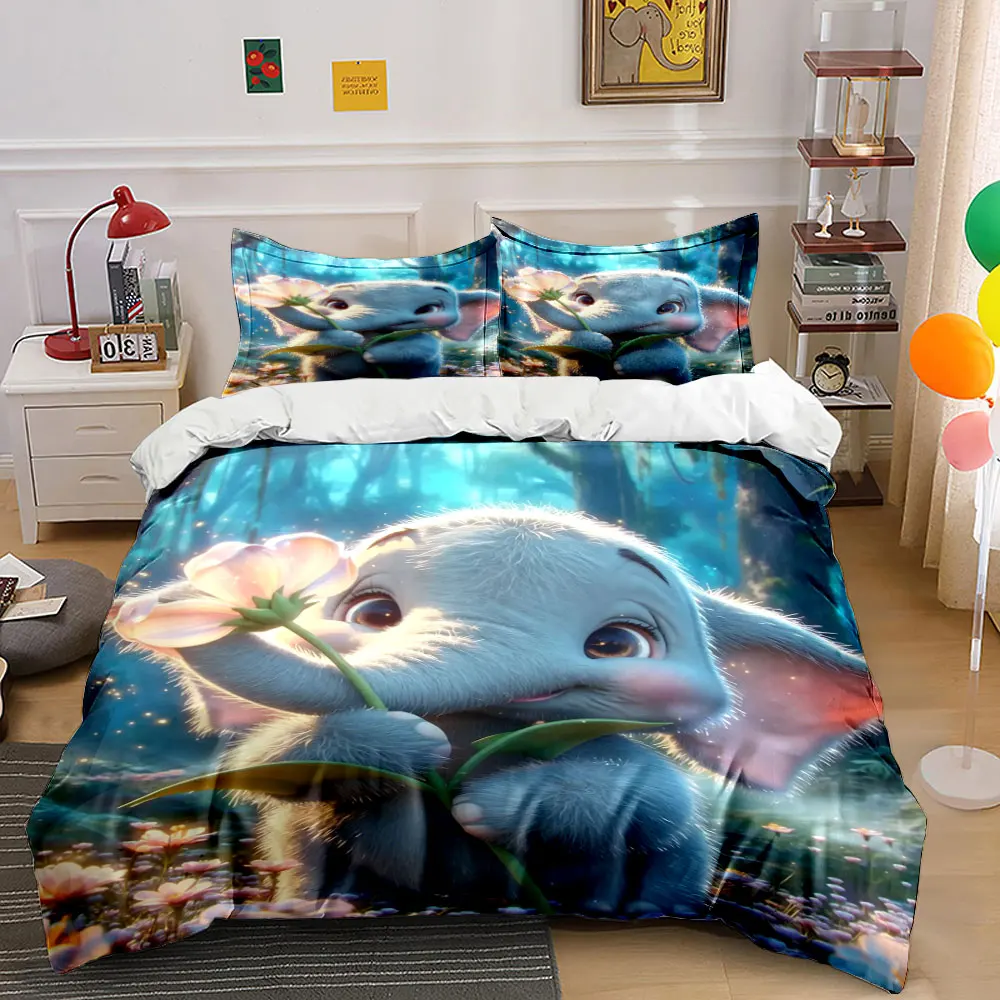 Baby elephant holds flower magical forest Print Bedding Set 1 Duvet Cover 2 Pillowcases for Adult and Children Luxury Gift