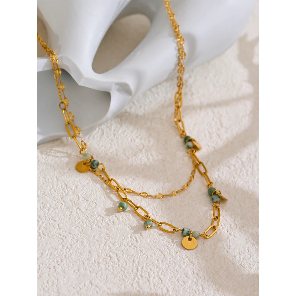 Yhpup Exquisite Stainless Steel Green Natural Stone Double-Layer Chain Stacking Necklace for Women High Quality Jewelry Gift