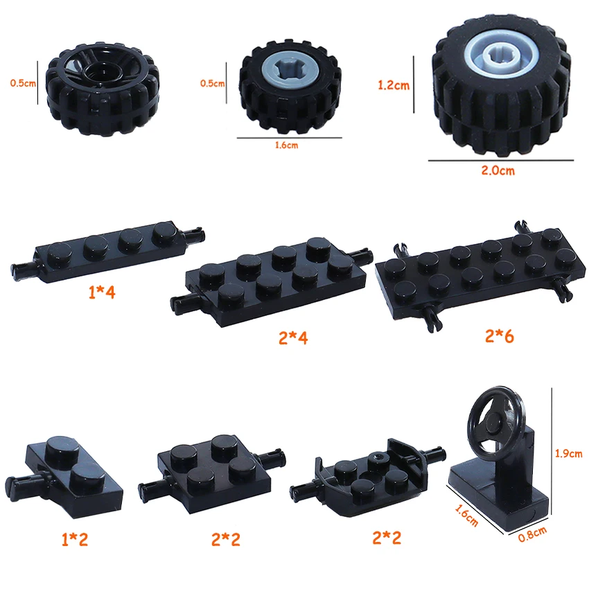 Building Blocks City Cars Wheel Sets Pack Tires DIY Models Shaft Plate Holder Axle with Pin Accessories Construction Toys