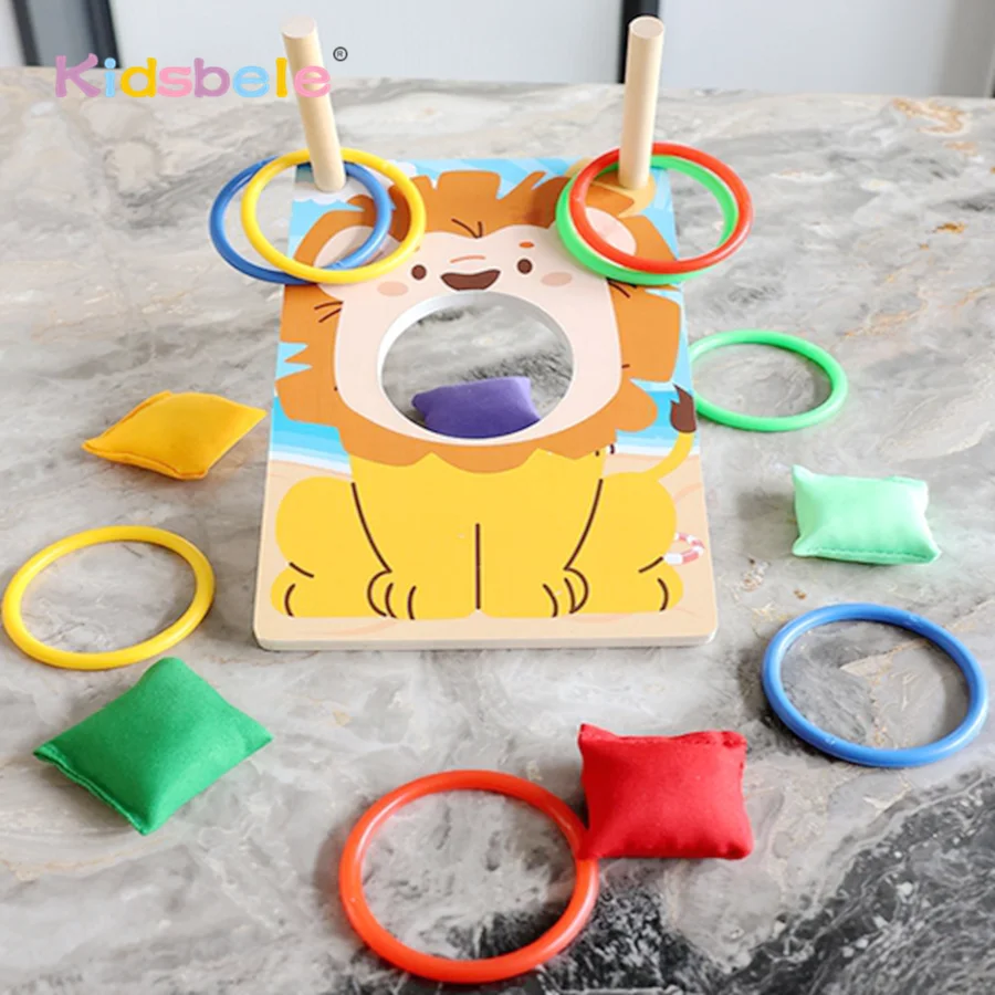 Montessori Kids Wooden Ring Throwing Sandbag Game 2 in 1 Hand-Eye Coordination Skill Multiplayer Puzzle Game Indoor Outdoor Toy