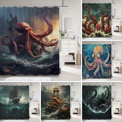 Horror Sea Monster Octopus Shower Curtain Dark Sailboat Ocean Vintage Pirate Ship Wave Polyester Shower Curtains Bathroom Decor