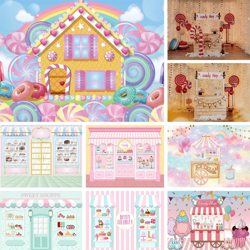 

Sugar House Backdrop Baby Shower Girls Birthday Party Ice Cream Sweet Shop Candy Bar Cart Photography Background Cake Table Deco