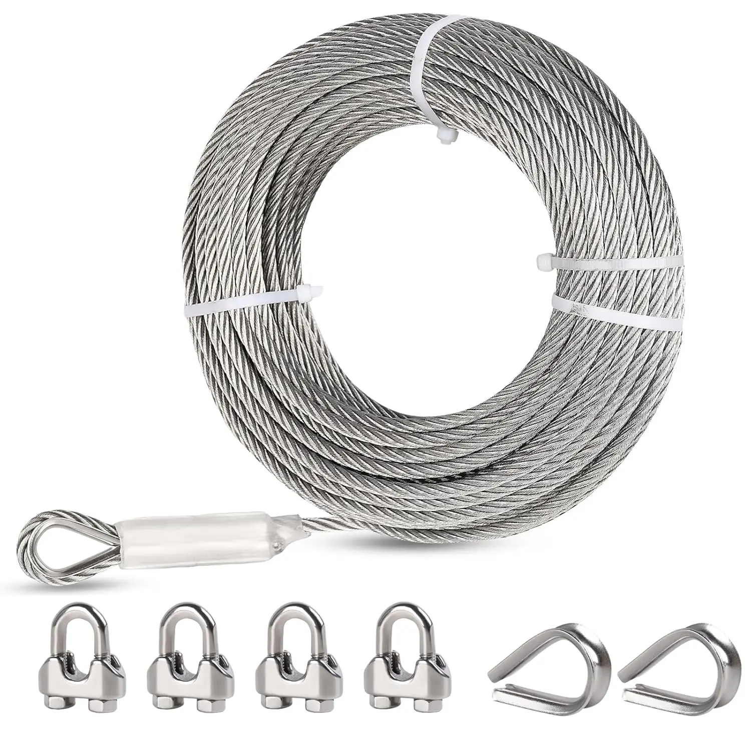 

Steel Cable 150ft, 7x19 Strand Wire Rope Cable, 9000 lbs Break Strength, Steel Cables with Loops, Wire Rope Clamps, Thimble for