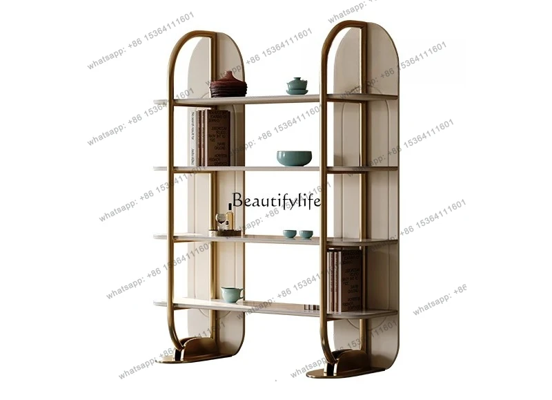 

Light luxury bookshelf living room floor-to-ceiling stainless steel shelf against wall rock slab multi-layer display rack