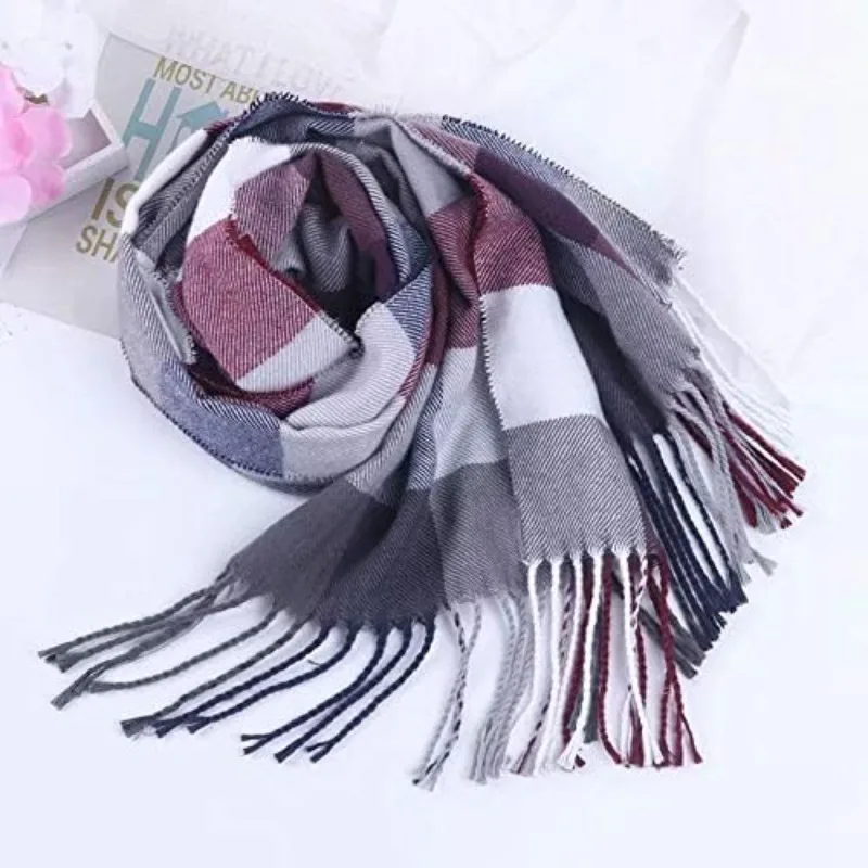 Women's Long Tartan Check Shawl Scarf, Soft Warm Wool Spinning Tassel Wraps Stole Winter