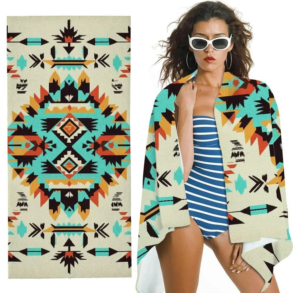 Southwest Aztec Geometric Arrow Tribal Pattern Beach Towel Boho Western Style Super Absorbent Towel For Outdoor Bath Pool Seasid