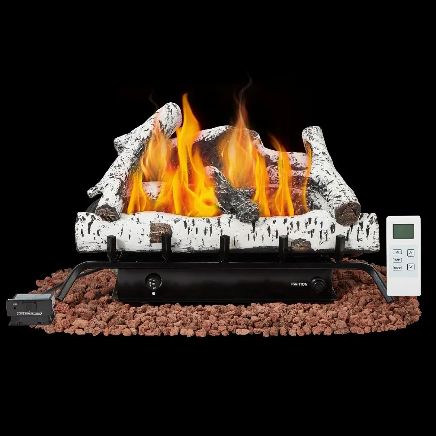 

24 Inch Ventless Fireplace Logs Set with Remote Control for Natural Gas 30000 BTU Birch Wood White