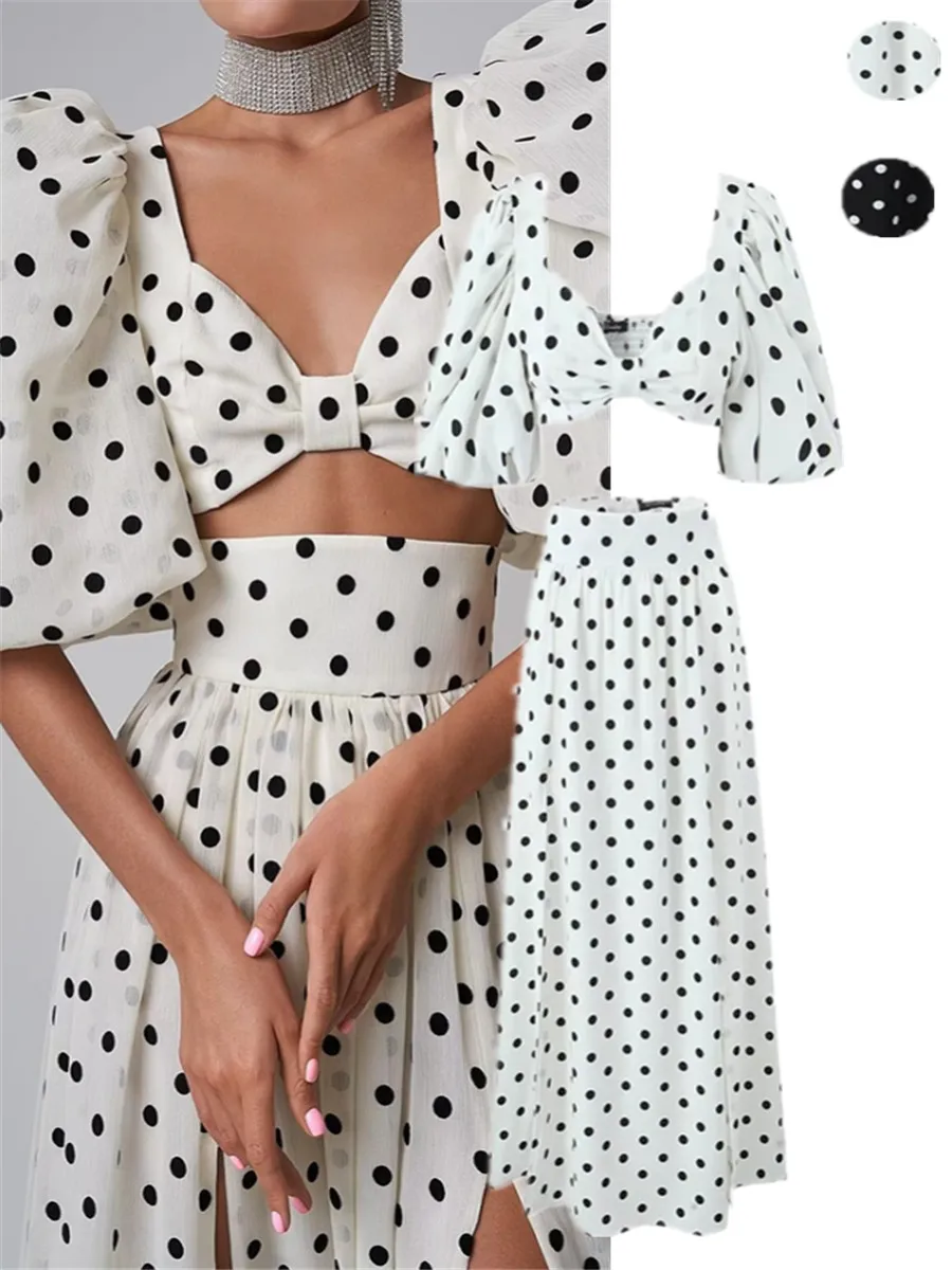 

Beach Vaion Sle High Waist Bubble Sve Split Semi Skirt Sexy Australian Dot Set Women's Faion Ensemble 2024 Winter