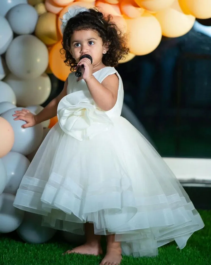 

White Tulle Flower Girl Dress for Wedding with Big Bow High Low First Communion Dress Kid Birthday Gown