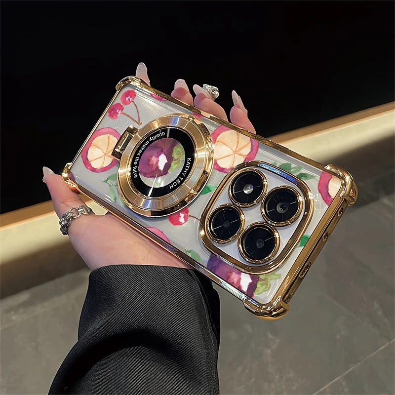 

Stand Holder Phone Case For Xiaomi Poco X8 Pro Max M3 M4 Pro X7 X6 X5 X3 NFC M5S M7 Plus Fruit Cherry Orange Plating Cover