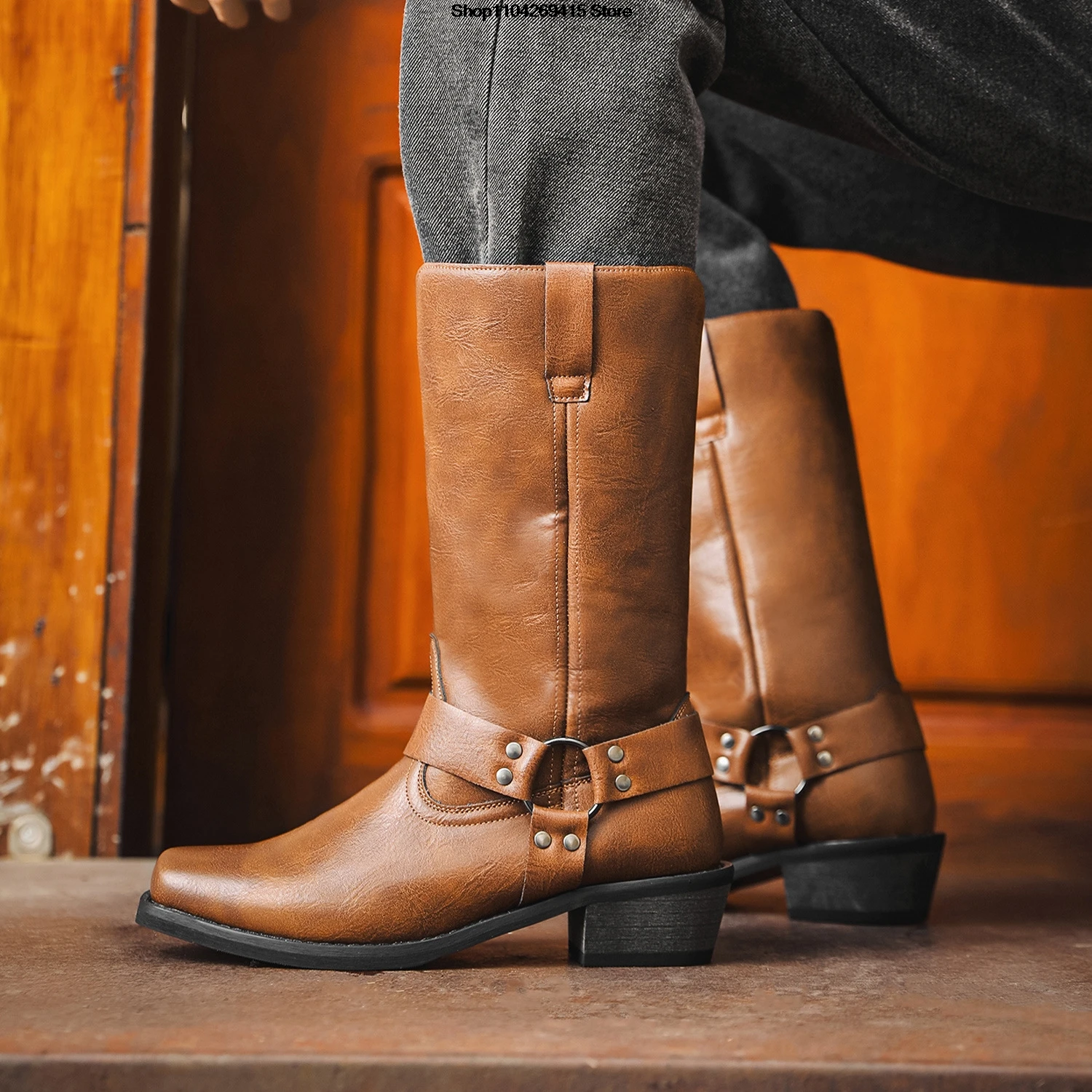Autumn Men Vintage Gothic Faux Leather Boots Male Punk Leather High Heels Knight Booties Combat Boots