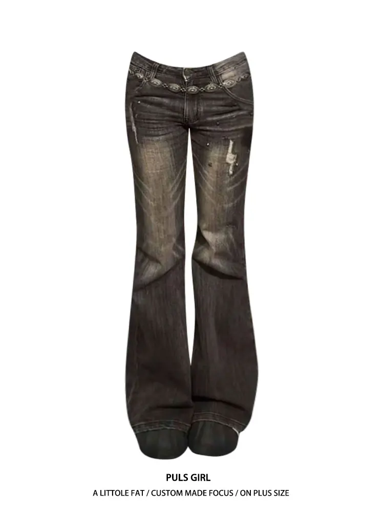 

Retro American Large Size Denim Jeans Women's Low Waist Bell Bottoms Distressed Rivet Wash Slim Fit Versatile Long Trousers