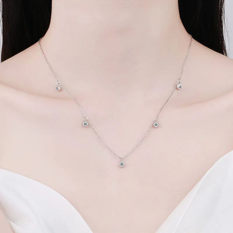 

S925 Pure Silver Necklace, Moissanite Starry Collarbone Chain Plated with Pt950 Gold Necklace