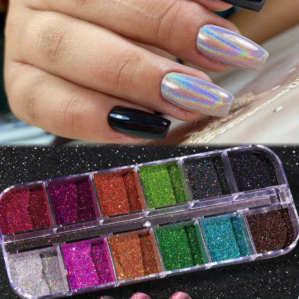 Set de polvo holográfico plateado, rub negro, rosa, cromo, brillantina láser para uñas, manicura DIY 6