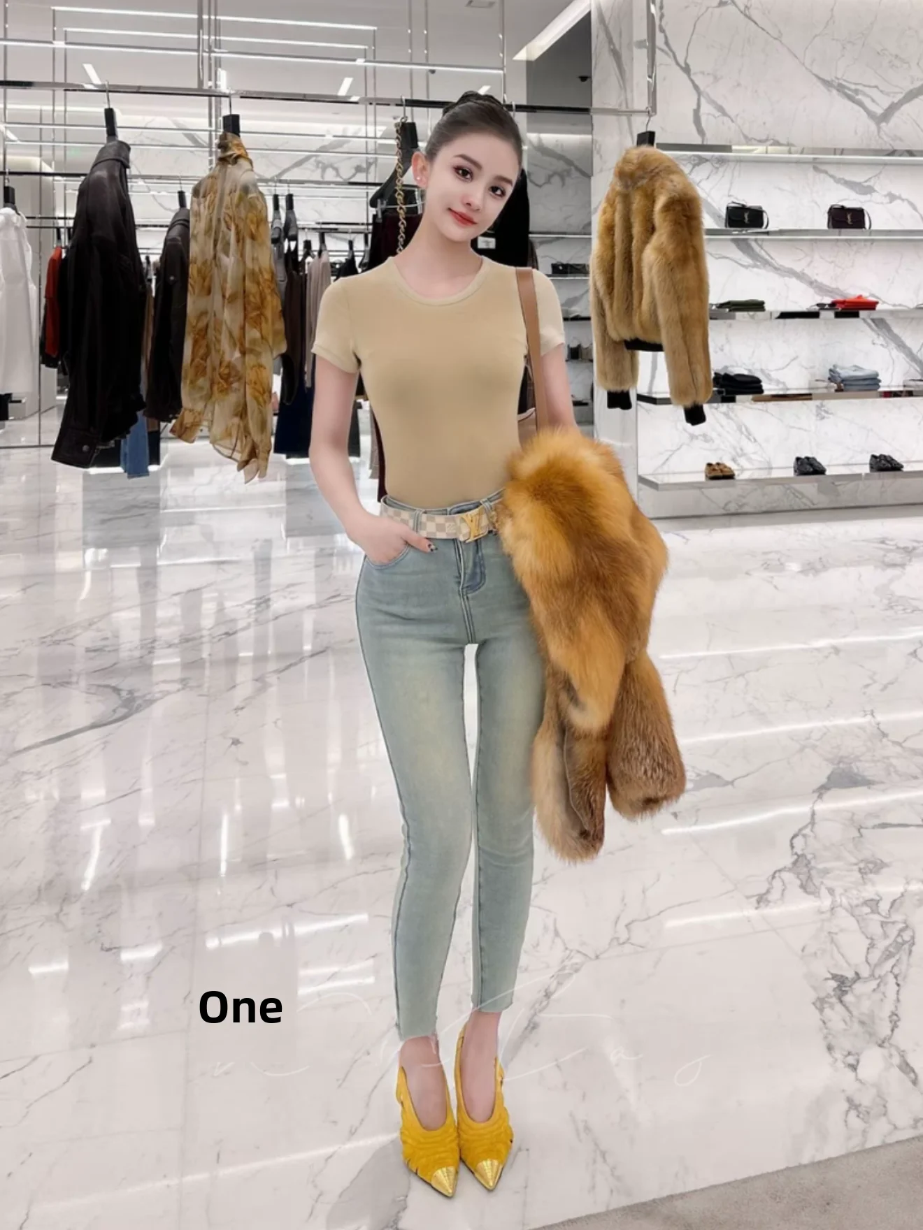 

Женские джинсы Slim Fit с высокой талией, из высокоэластичного хлопка, стрейч, корейский стиль, с эффектом потертости, удлиняющие ноги, длина 7/8