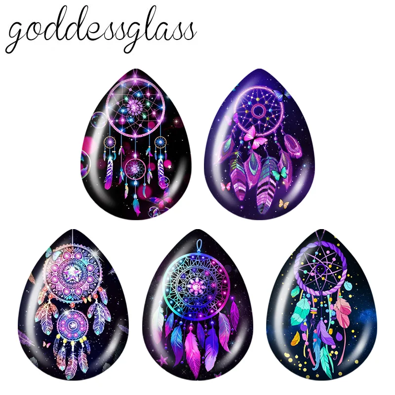 5pairs Moon Dream catcher Feather Patterns teardrop shape Photo Glass cabochon flat back For DIY Jewelry base Making Findings