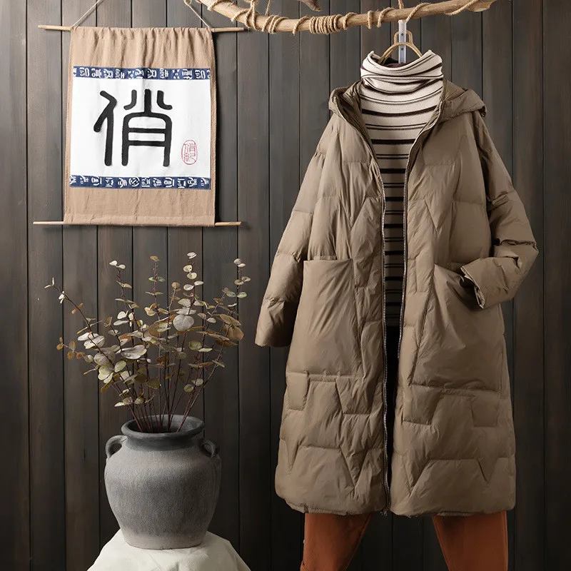 Large Pocket Oversize Down Coat Autumn Winter Women Warm Thick White Duck Down Jacket Ladies Long Hooded Parkas Puffer Outwears