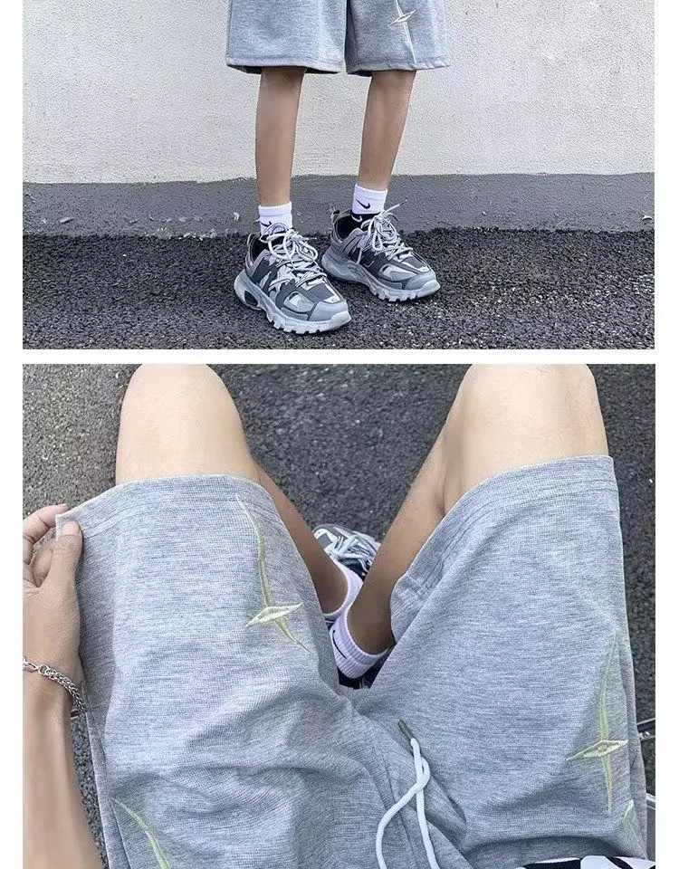 Summer American Retro Embroidered Knitted Men's Versatile Street Loose Straight Five-point Beach Pants