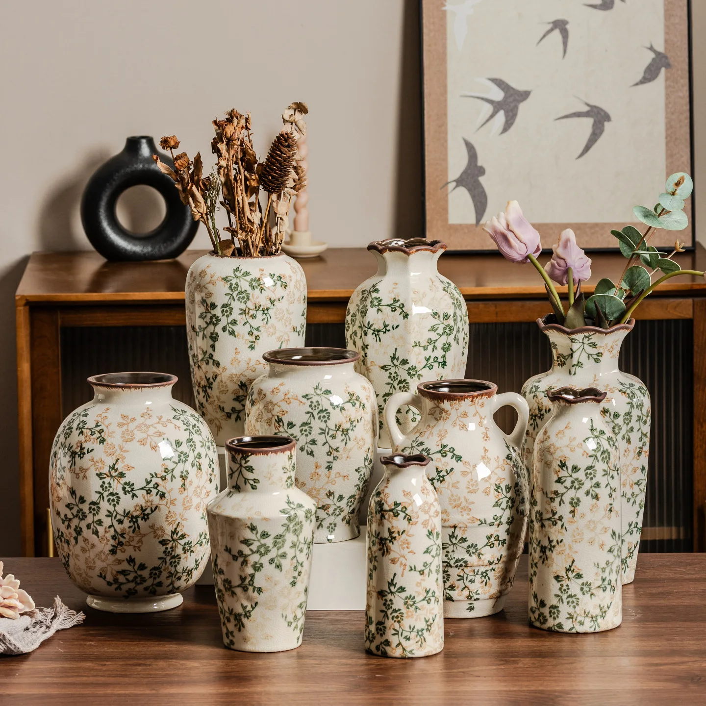 Ceramic Flower Vase Green Rustic Farmhouse Vase for Home Decor Vintage Floral Pottery Tuscan Octagonal Vase for Living Room Gift