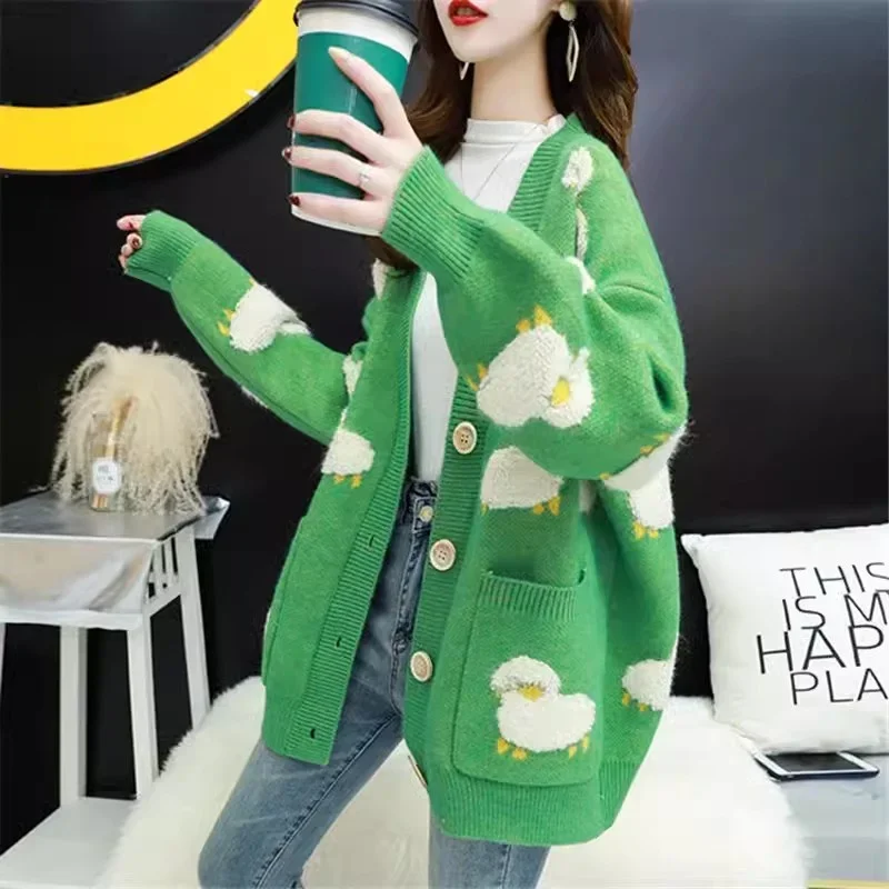 Pop Pop Jacquard Buttons Knit Sweater Women Autumn Winter Cardigan Green Sweater Women's Coat Long Slim Imitation Mink Cardigan