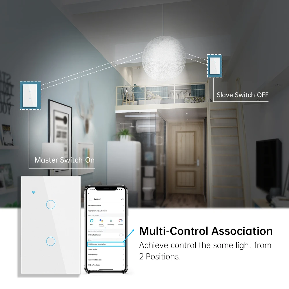 Tuya Wifi Smart Stair Switch US Touch Glass Panel Stair Cross Multi Light Switches 1 Gang 2 Way APP Control Alexa Google Home