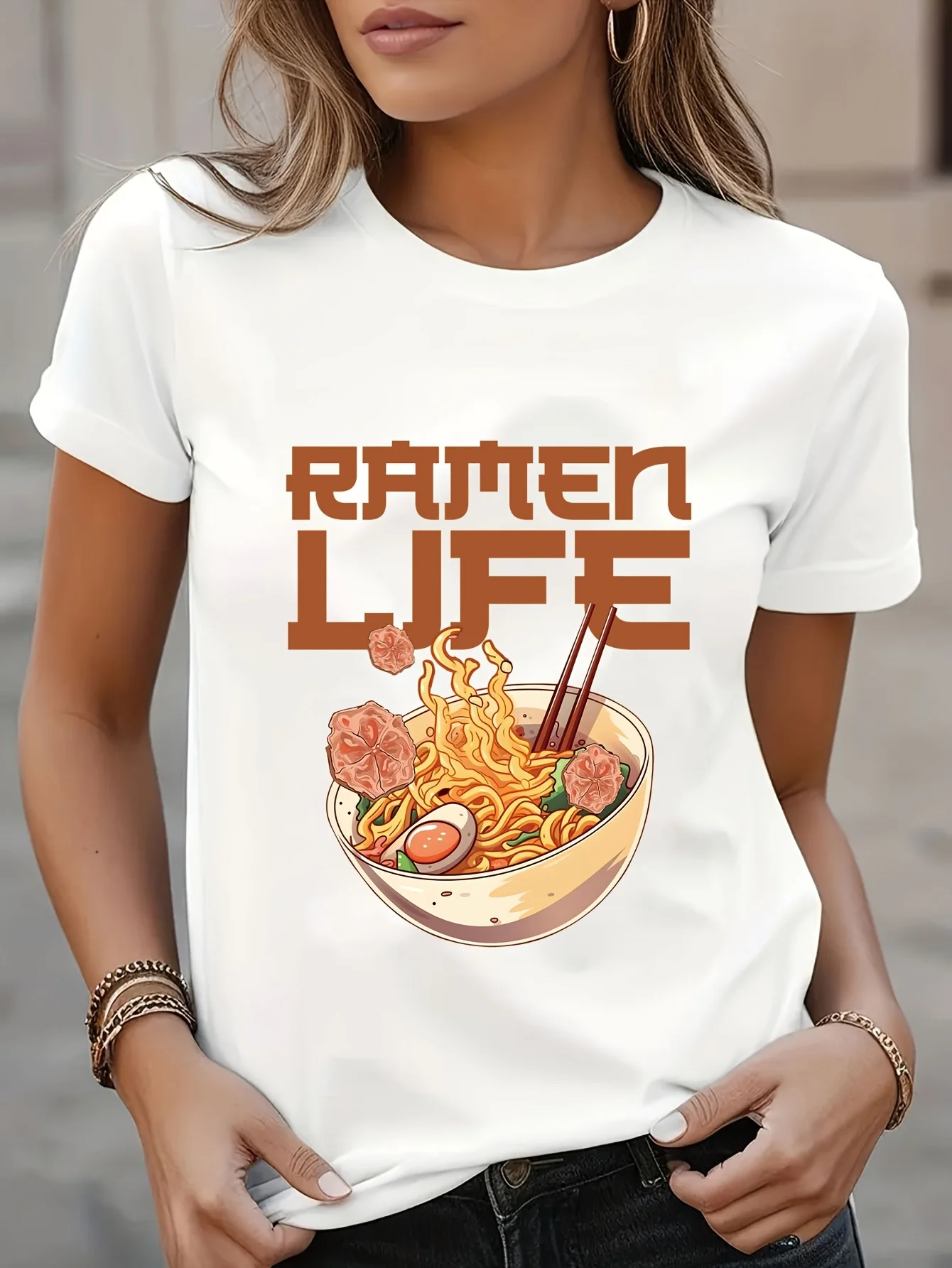 Ramen Lover Women Graphic T Shirt Soft Polyester Blend Short Sleeve Casual Tee Bold Lettering Ramen Bowl Print Round Neck Top