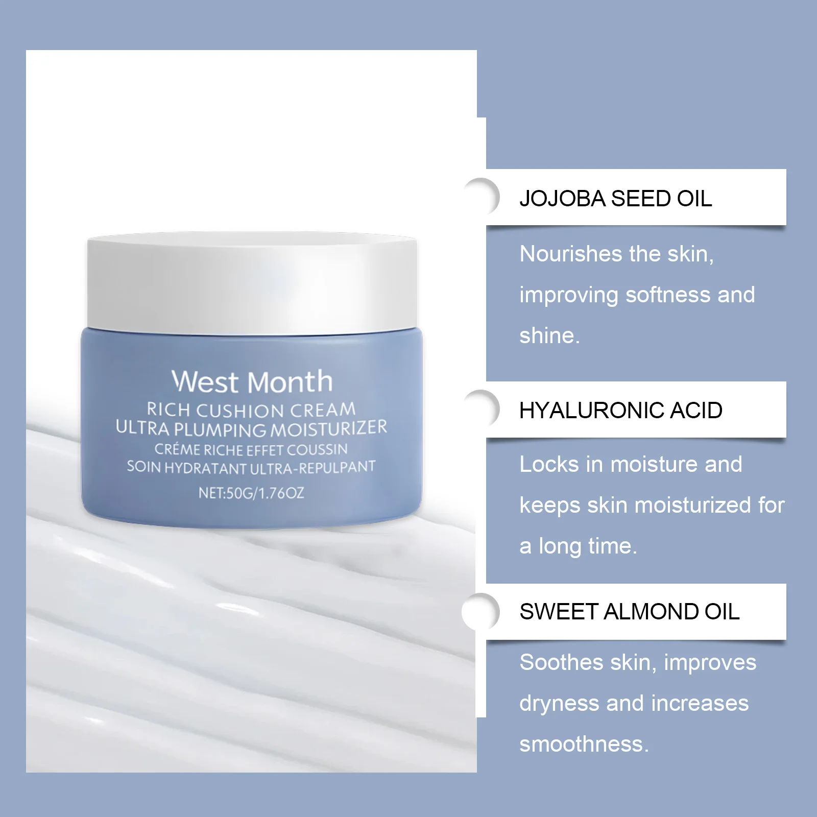 Crema idratante West&Month, acido ialuronico, olio di mandorle dolci, estratto di aloe vera, viso, effetto idratante e radiante, Net Wei