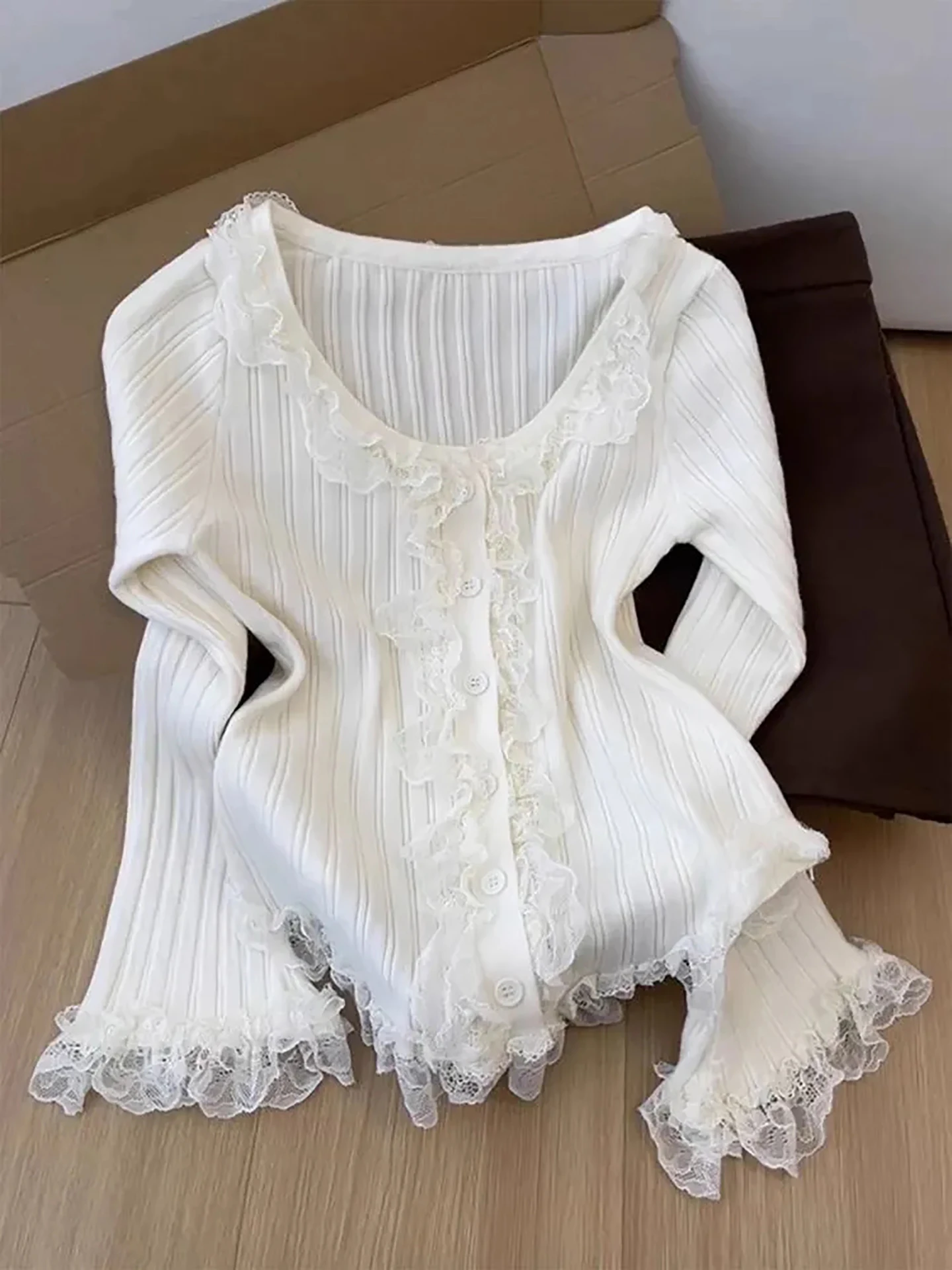 

Мягкий вязаный кружевной женский топ приталенного кроя с длинным рукавом и круглым вырезом, однотонный, повседневный, модный