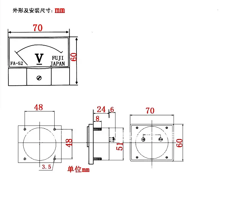 Meteran Mekanik FUJI Analog 3V DC Voltmeter FA-52 Jepang Benar-benar Asli