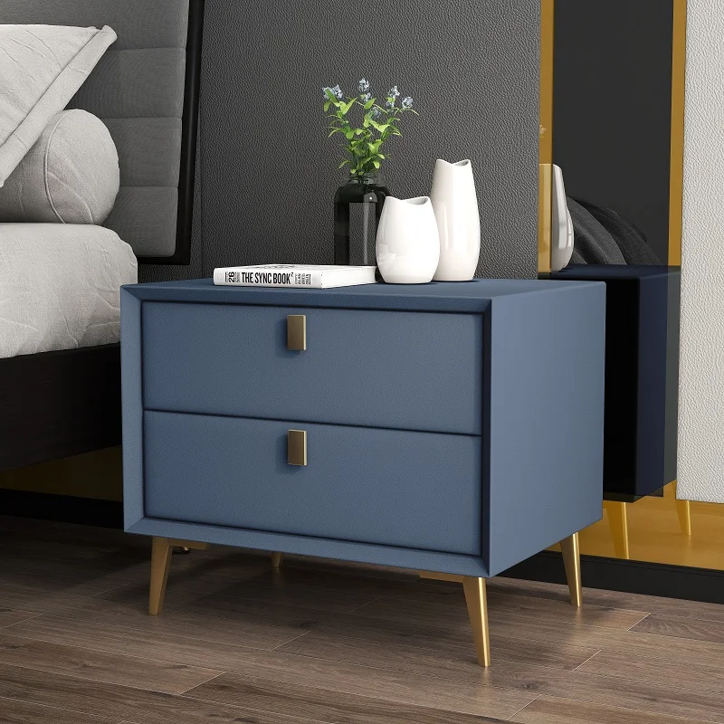 Nordic Style Wooden 2 Drawers Bedroom Nightstands Faux Leather Bedside Table Side Storage Cabinet Hotel End Table