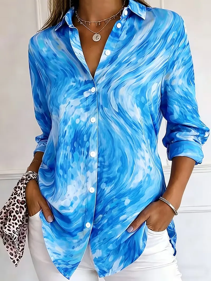 2026 New Women Autumn Blouse Multi Colored Print Lapel Button Up Womens Shirt Long Sleeve Elegant Daily Office Ladies Blouse Top