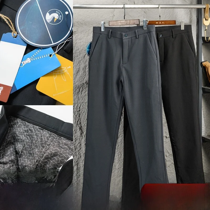 Men's Casual Straight Leg Polyester Fiber down Pants 90 Filling Windproof Warm Business Casual Long Trousers for Autumn Winter