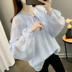 Western Style Lace Up Long Sleeved Thin Chiffon Shirt for Women's Spring Autumn New Loose Plus Size Belly Covering Pullover Top