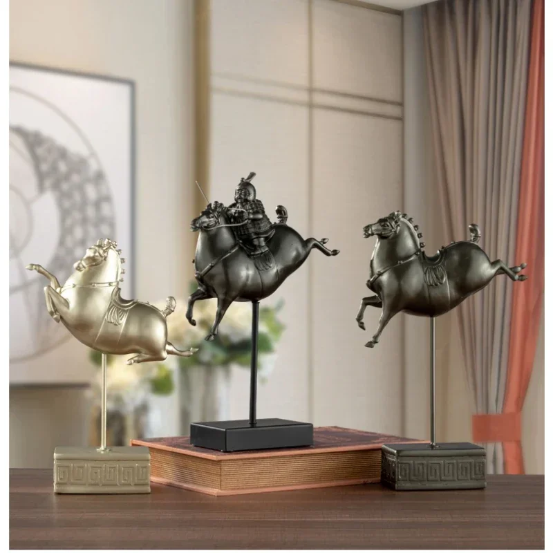 Retro Chinese Style Terracotta Soldier Knight Horse Statue Ornament, Office Desktop Porch Living Room TV Cabinet Home Decoration