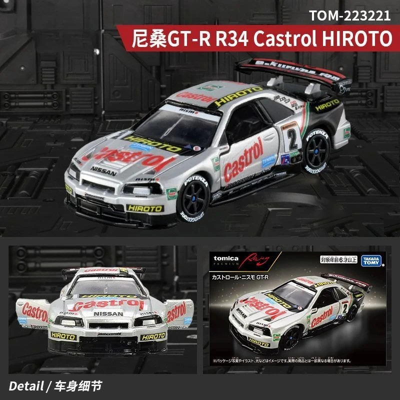 

Original Takara TOMY Tomica Car Premium Nissan GTR R34 Castrol Hiroto 1/64 Diecast Alloy Voiture Model Toy for Boy Birthday Gift