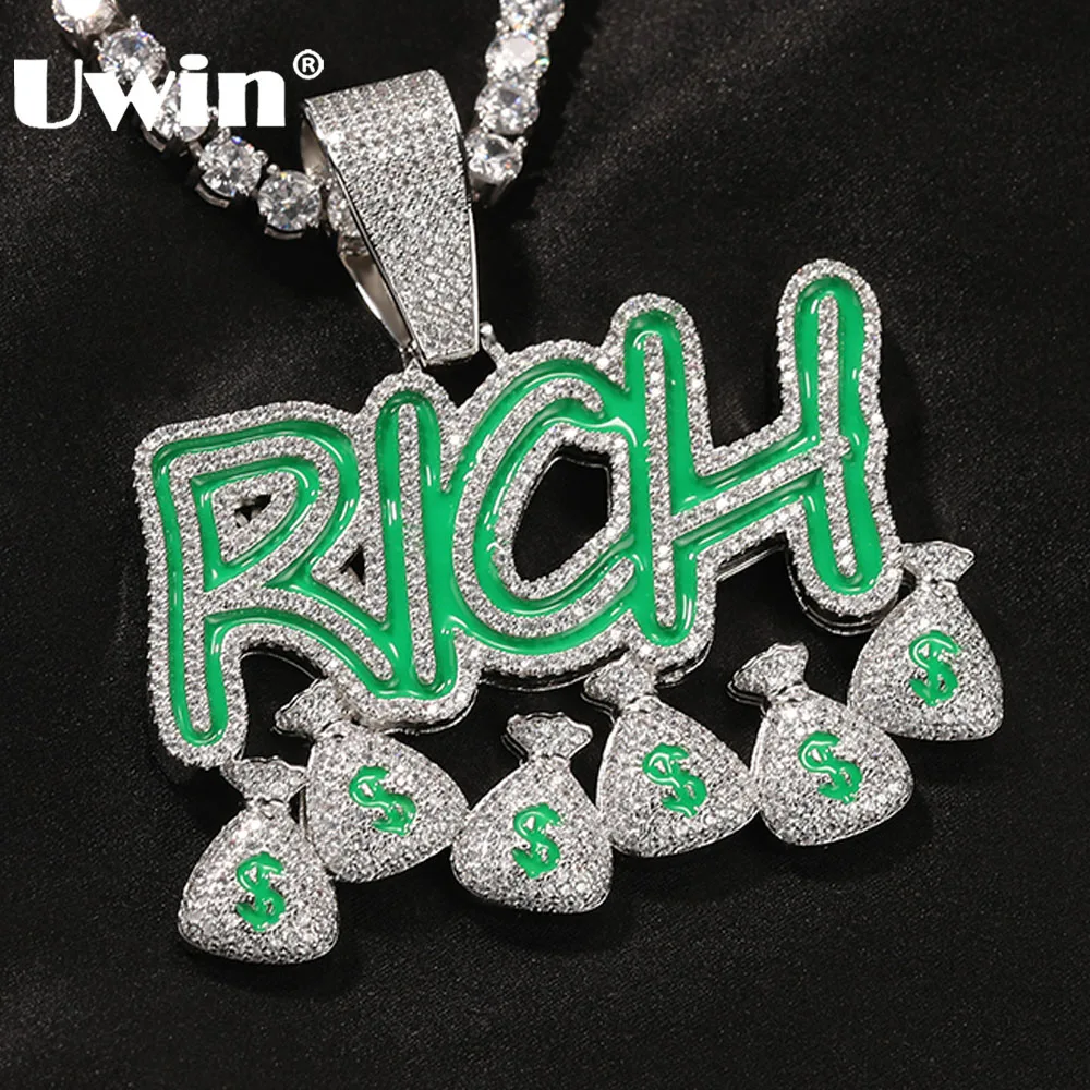 

UWIN RICH Money Pockets Pendant Necklaces for Men Fluorescence Green Gold Silver Color Iced Out CZ Stones Charms Hip Hop Jewelry