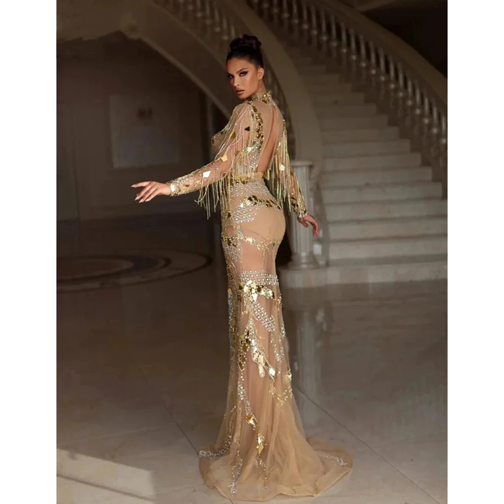 Luxury Gold Diamond Tassel High Luxury Evening Dress New Open Back Long Sleeves Female Formal Banquet Gown