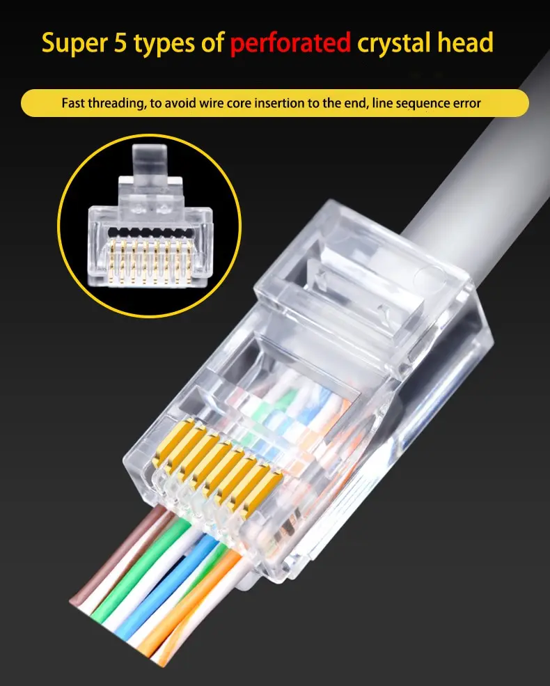 50 PCs RJ45 Connector Cat6 Connector Network Unshielded RJ45 Perforated Crystal Head Network Cable