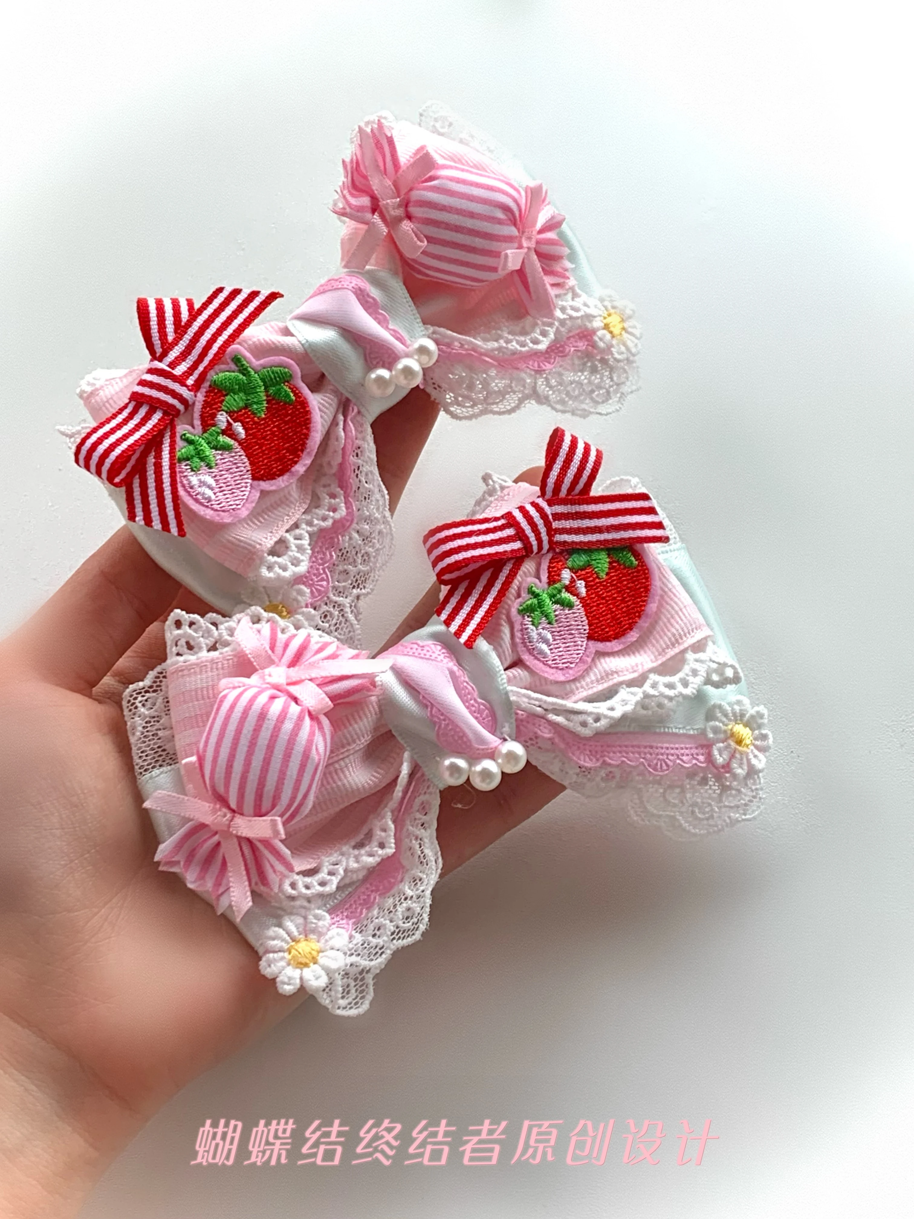 Original Pink Green Striped Strawberry Edge with Candy Embroidered Flower Lolita Headgear Handmade Sweet Little Thing 5