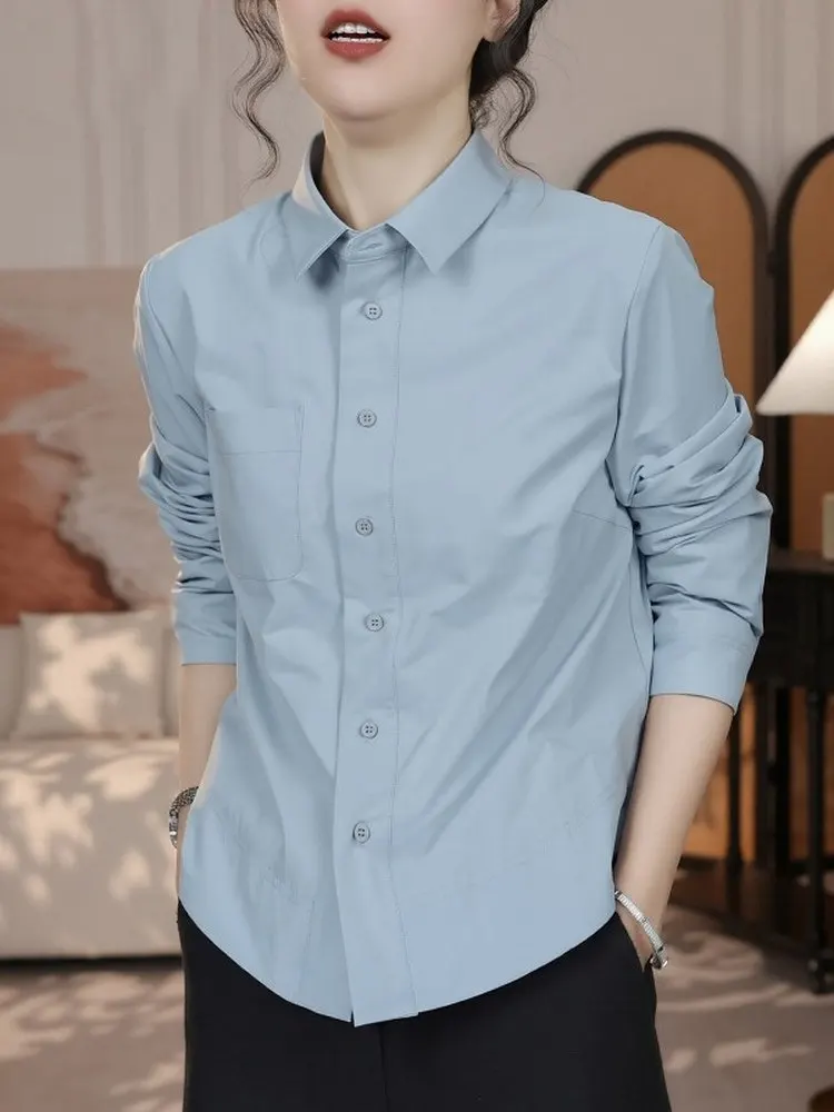 

Женская рубашка больших размеров в корейском стиле, художественная, синяя, на флисовой подкладке, универсальная, повседневная, с длинным рукавом, весенняя, модная, с завышенной талией